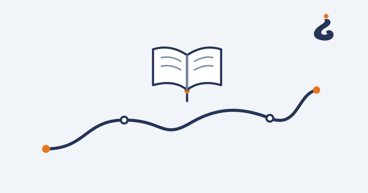 Un libro abierto junto a un camino azul con estaciones y un punto naranja.
